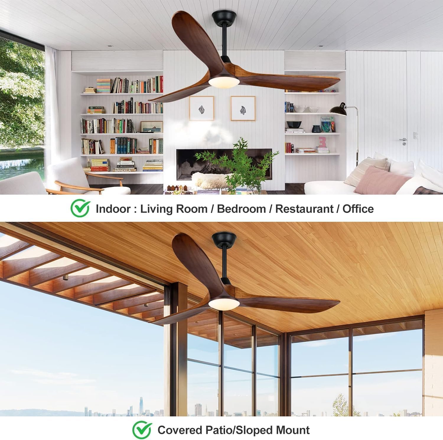 Wood Ceiling Fan with Light, 70 Inch Farmhouse Outdoor Ceiling Fan with Remote for Patios, Rustic Indoor Outdoor Propeller Fan & Reversible DC Motor for Bedroom Gazebo Balcony