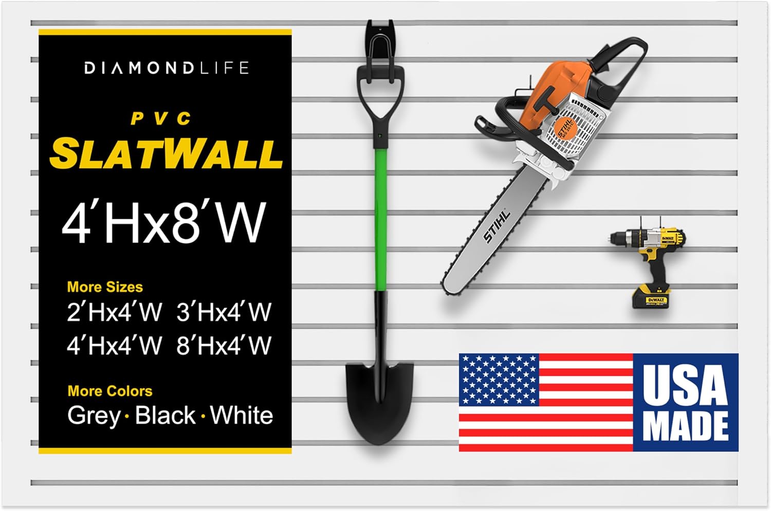 Heavy Duty 4x8 PVC Garage SlatWall Storage System (with Endcaps & Screws) - Modular Slat Wall Paneling for Garage Wall Organizer - Interlocking SlatWall Panels for Home & Commercial Use (White)
