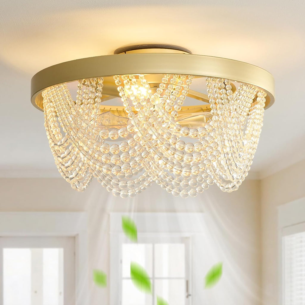 Crystal Caged Ceiling Fans with Lights Flush Mount, 20 inch Crystal Fandelier Ceiling Fan with Light and Remote, Chandelier Modern with Lights for Bedroom, Dining Room, Living Room