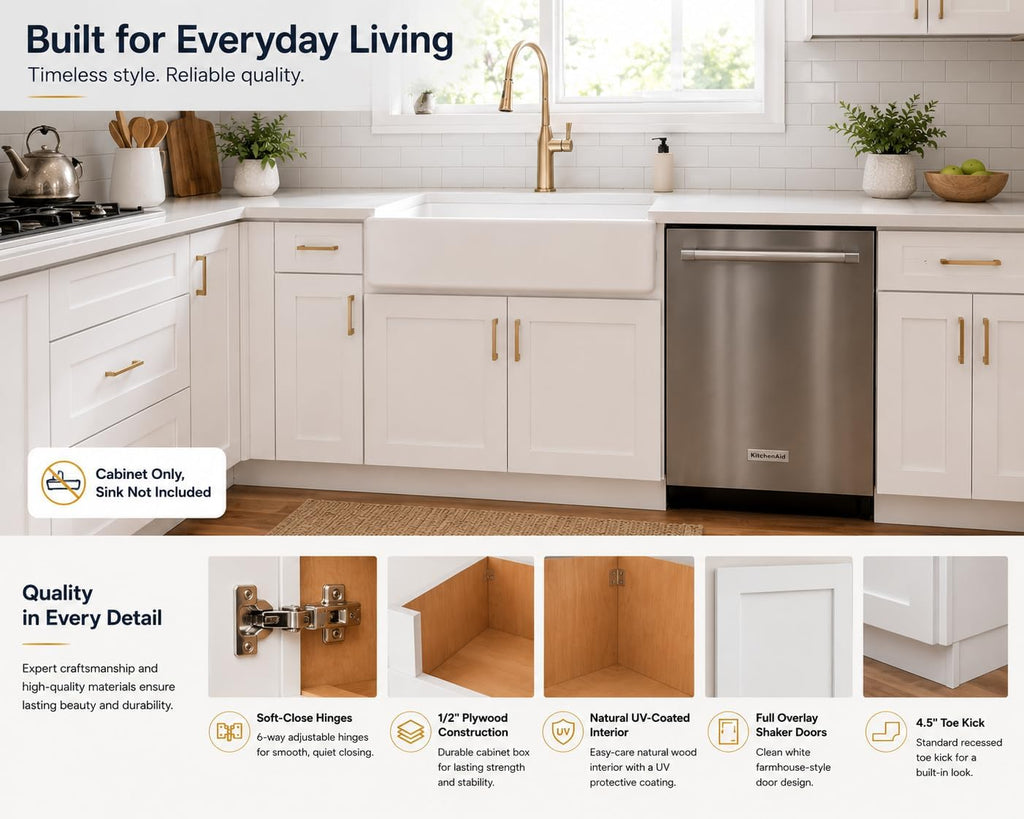 33 Inch RTA Kitchen Sink Base Cabinet - Solid Wood Shaker Style Farmhouse Cabinet with Soft Close Doors, Fits 24-30 Inch Undermount Sinks, Ready to Assemble (White)