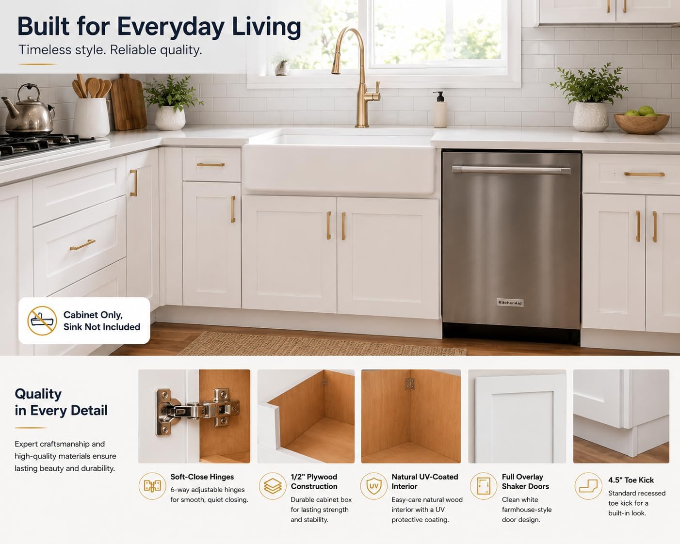 33 Inch RTA Kitchen Sink Base Cabinet - Solid Wood Shaker Style Farmhouse Cabinet with Soft Close Doors, Fits 24-30 Inch Undermount Sinks, Ready to Assemble (White)
