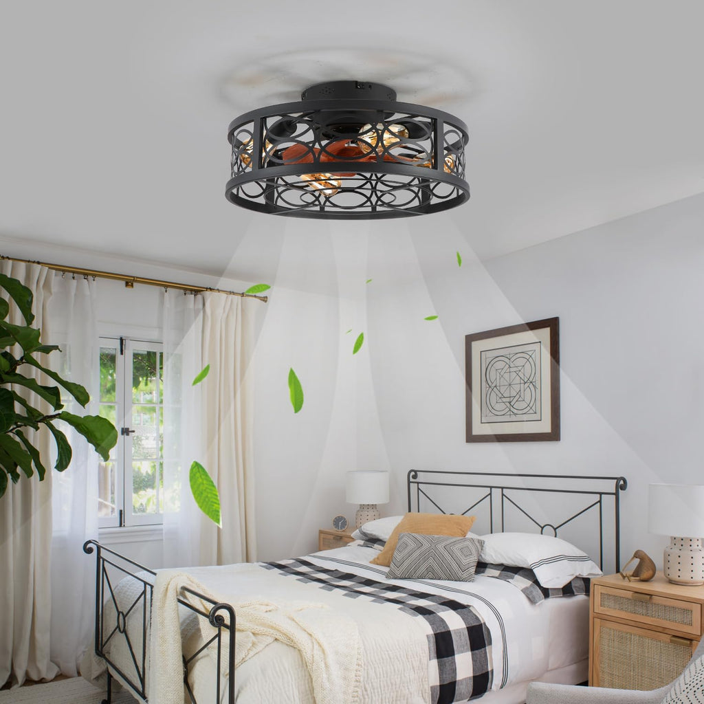 20' Caged Ceiling Fan with Light and Remote，Bladeless Ceiling Fan 6 Speed Reversible with 4 Bulbs and Remote Control.Low Profile Ceiling Fans with Lights for Bedroom, Dining Room