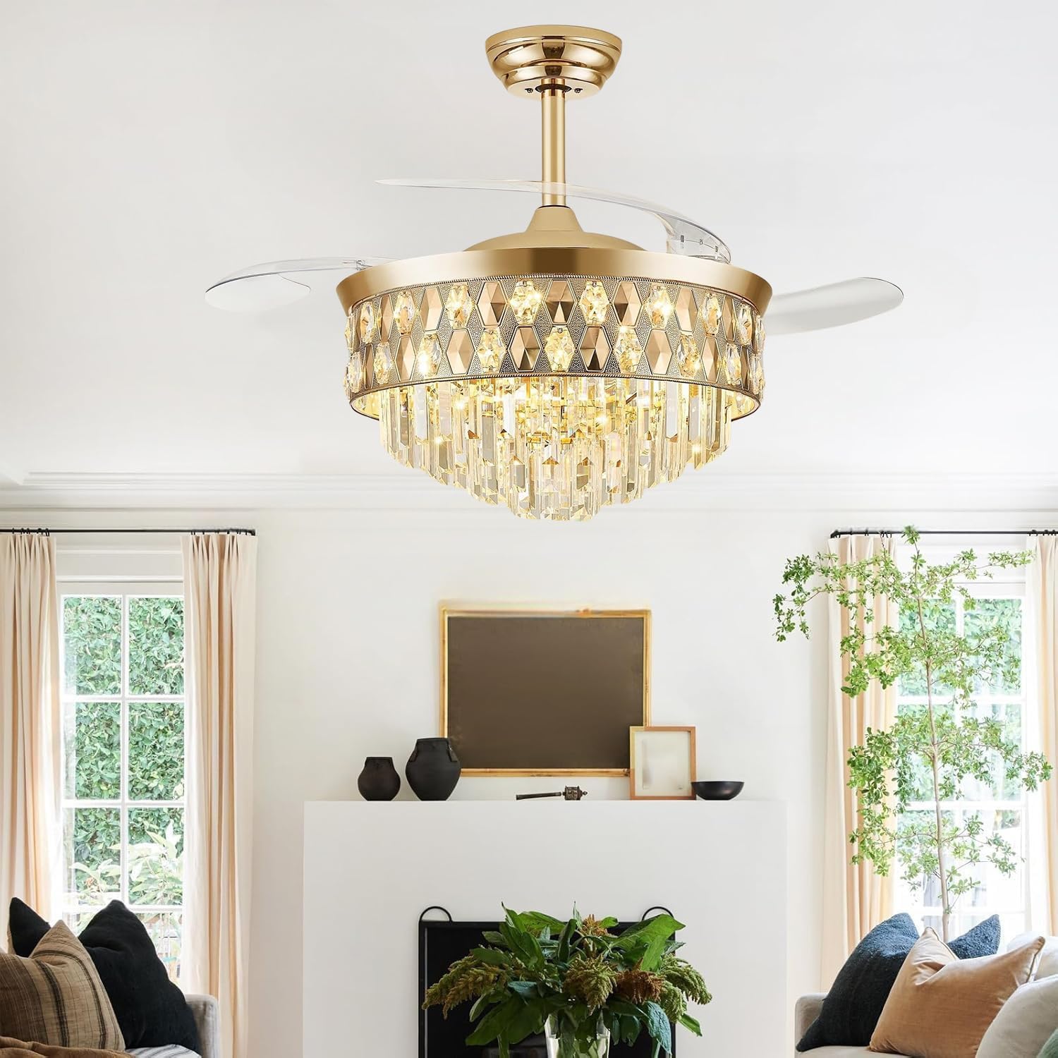 52 Inch Fandelier Ceiling Fan with Light, Chandelier Fan, Retractable Crystal Ceiling Fan Dimmable LED, 3 Color Temperatures, 6 Speeds, for Bedroom & Living Room