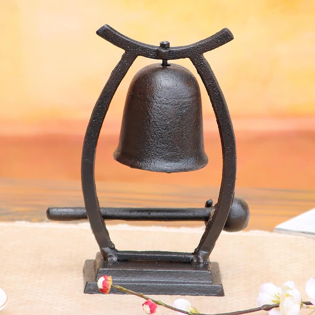 RAN Outdoor Dinner Bells with Mallet, Tabletop Hand Bell on Stand, Made of Cast Iron, Indoor Outdoor Desktop Decoration (Color : Black, Size : 6.7' x 3.1' x 8.9')