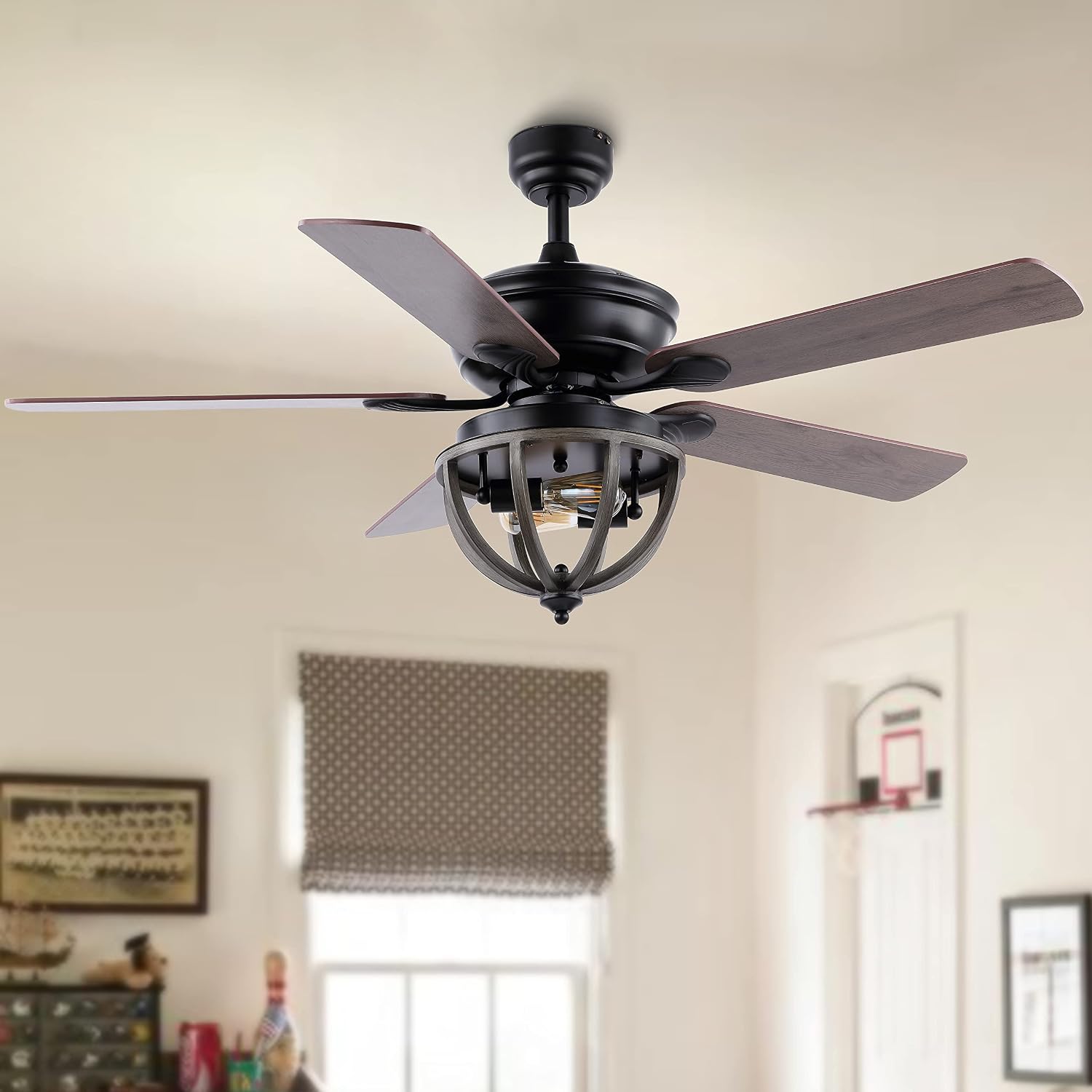 JONATHAN Y 52' Black 2-Light Iron LED Ceiling Fan with Remote, 5 Reversible Ashwood/Coffee Brown Blades, Farmhouse Industrial Metal Dome Shade, ETL Listed, LED Bulbs Included JYL9613A