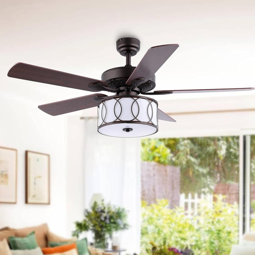 JONATHAN Y 52' Oil Rubbed Bronze/White Modern Glam LED Ceiling Fan with Remote, 3-Light Indoor Fan with 5 Reversible Blades, White Fabric Drum Shade for Living Room, Bedroom, ETL Listed (JYL9607B)