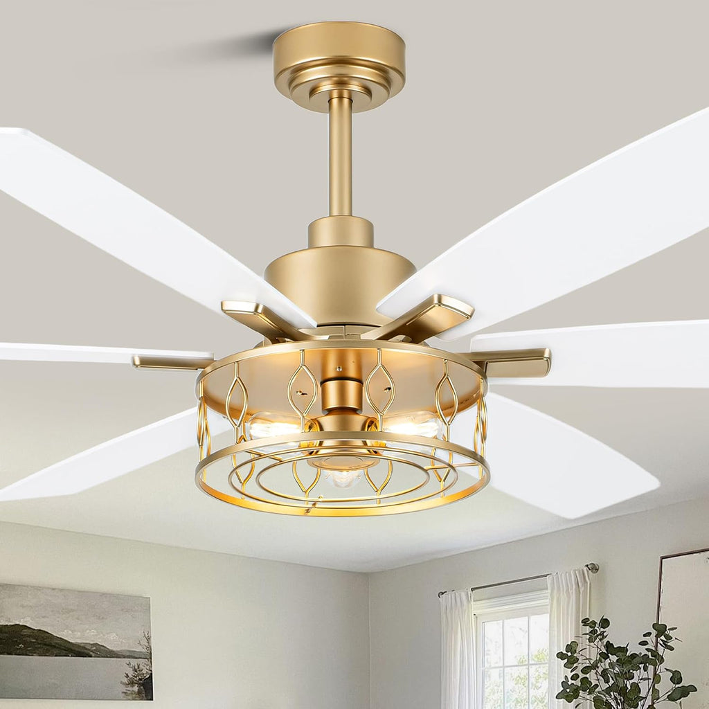 White and Gold Ceiling Fan with Lights 60 Inch Fandelier Ceiling Fan Gold Caged Chandelier Modern Fandeliers with Lights and Remote for Living Room Indoor Outdoor, Reversible 6 Speeds