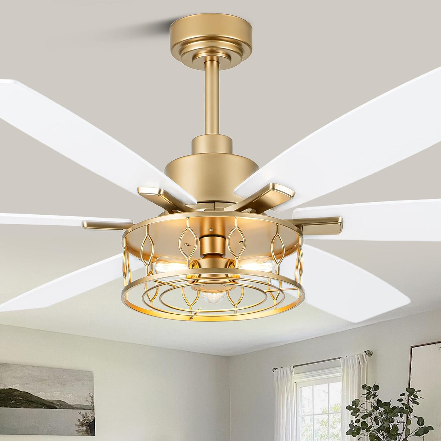 White and Gold Ceiling Fan with Lights 60 Inch Fandelier Ceiling Fan Gold Caged Chandelier Modern Fandeliers with Lights and Remote for Living Room Indoor Outdoor, Reversible 6 Speeds