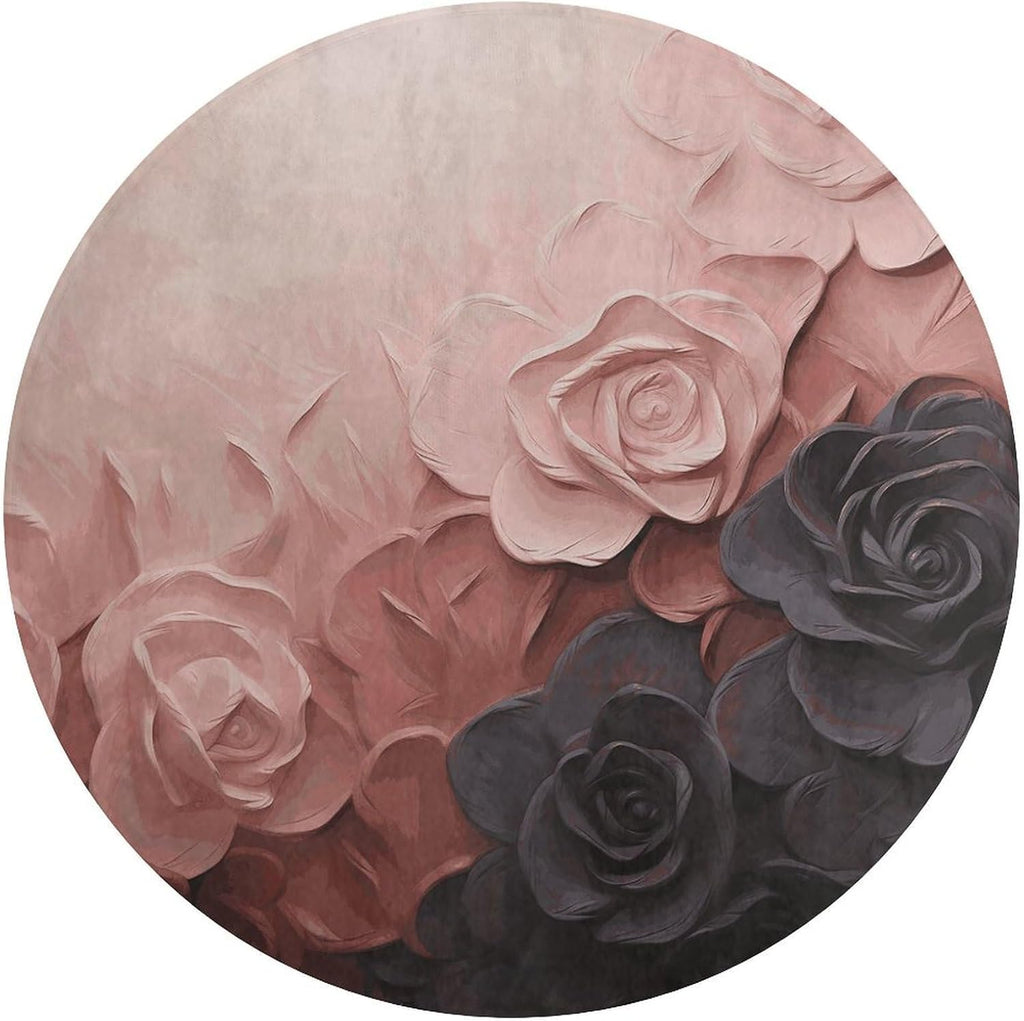 Rose Color Blush and Black Coral Velvet Round Floor Mat Non-Slip Bath Rug Floor Covering for Bathroom Vanity Guest Suite & Vacation Home