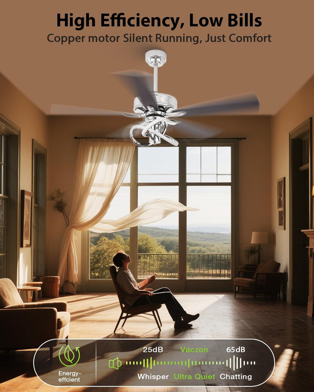 52 Inch Ceiling Fans with Lights, Creative Modern Silver Ceiling Fan and Remote, 3CCT, 6 Speeds, Quiet, Dual-Sided Reversible 5 Blades Indoor Outdoor Chandelier Fan for Bedroom Living Room
