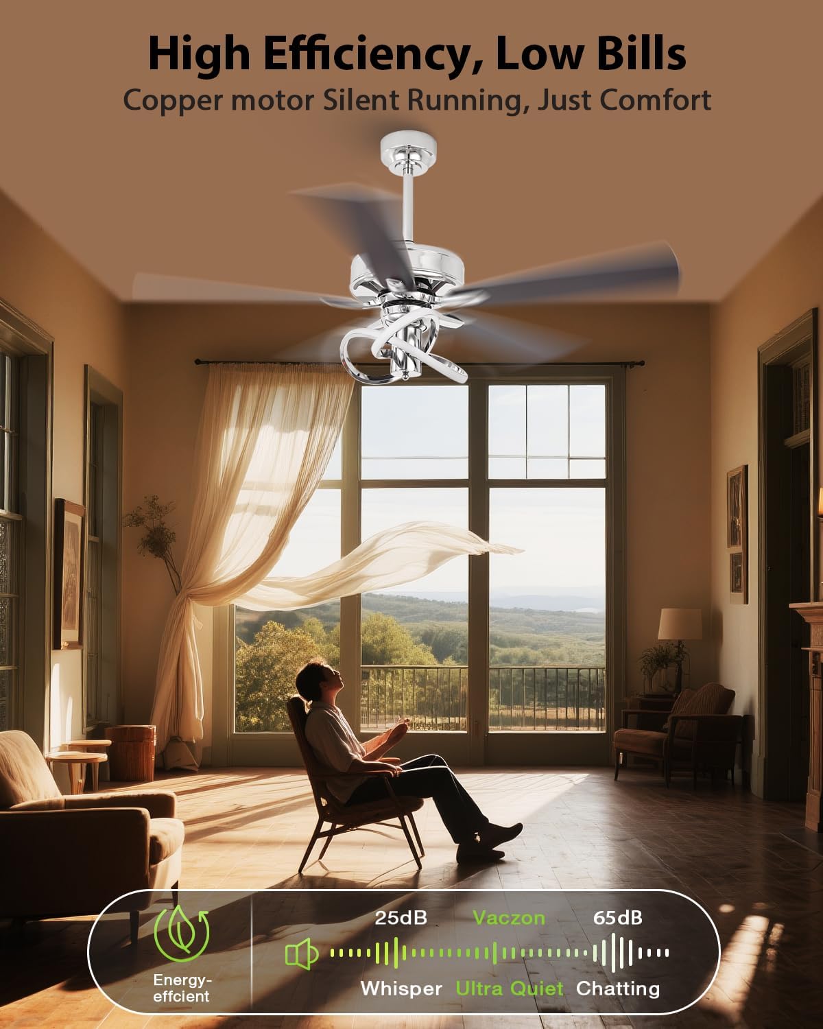 52 Inch Ceiling Fans with Lights, Creative Modern Silver Ceiling Fan and Remote, 3CCT, 6 Speeds, Quiet, Dual-Sided Reversible 5 Blades Indoor Outdoor Chandelier Fan for Bedroom Living Room