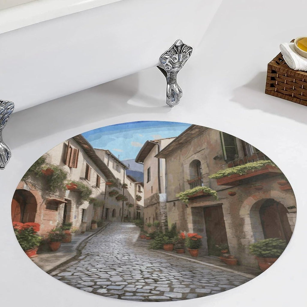 Italian Town Street Coral Velvet Round Floor Mat Non-Slip Bath Rug Floor Covering for Bathroom Vanity Guest Suite & Vacation Home