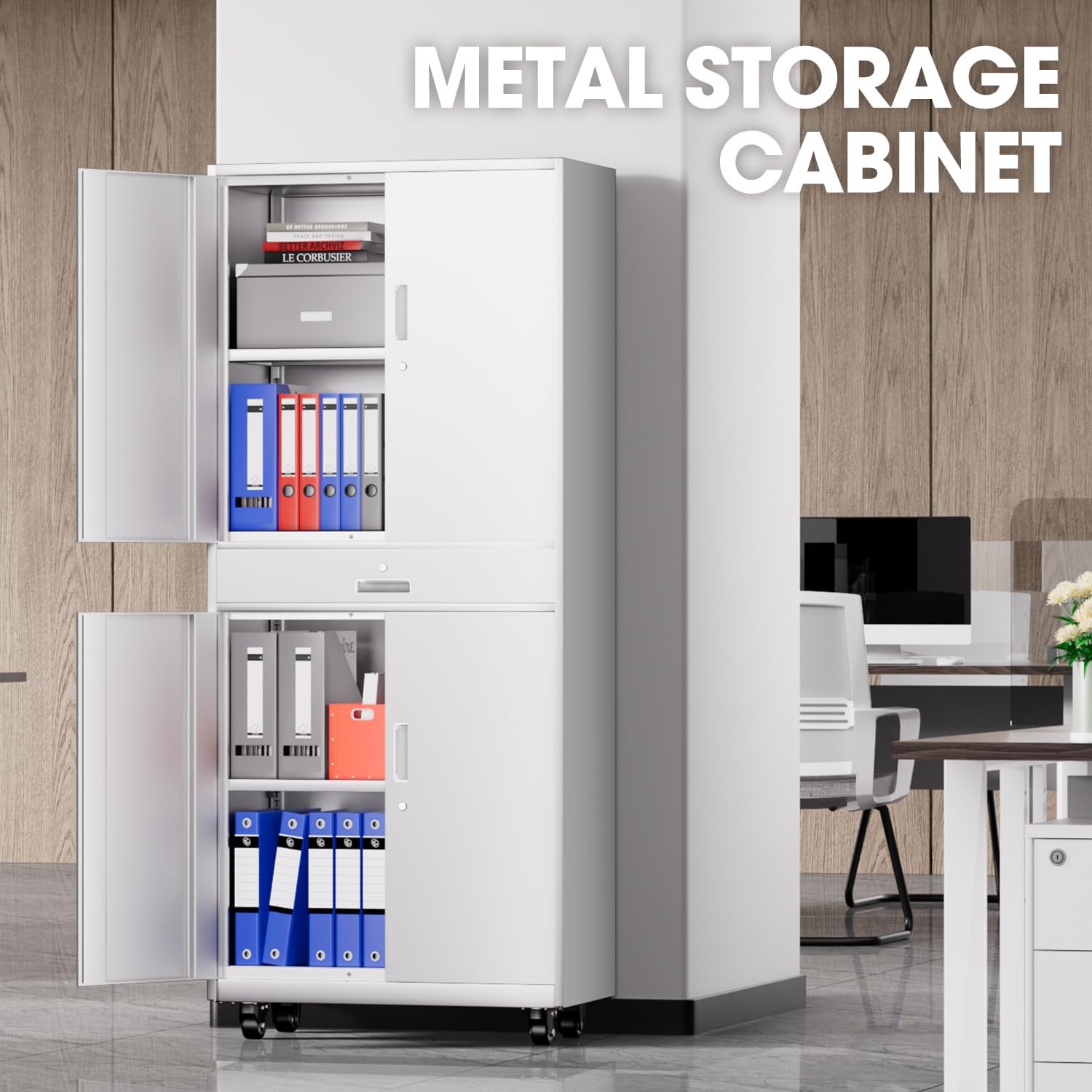 DNA Motoring Metal Storage Cabinet, 73'' Rolling Garage Cabinet with 1 Drawer and Adjustable Shelves, Lockable Cabinet Heavy Duty Utility Cabinet for Garage,Office,Home,Gym, White, TOOLS-00630-WH-WH