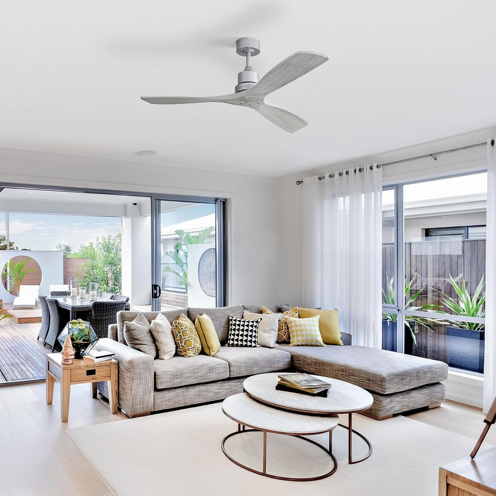 Sofucor 52 Inch Smart Ceiling Fans without Light-Modern Solid Wood Outdoor 3 Blades Ceiling Fan No Light APP Remotel Control for Bedroom Living Room Indoor Farmhouse Patio, Quiet DC Motor,Silver&Grey