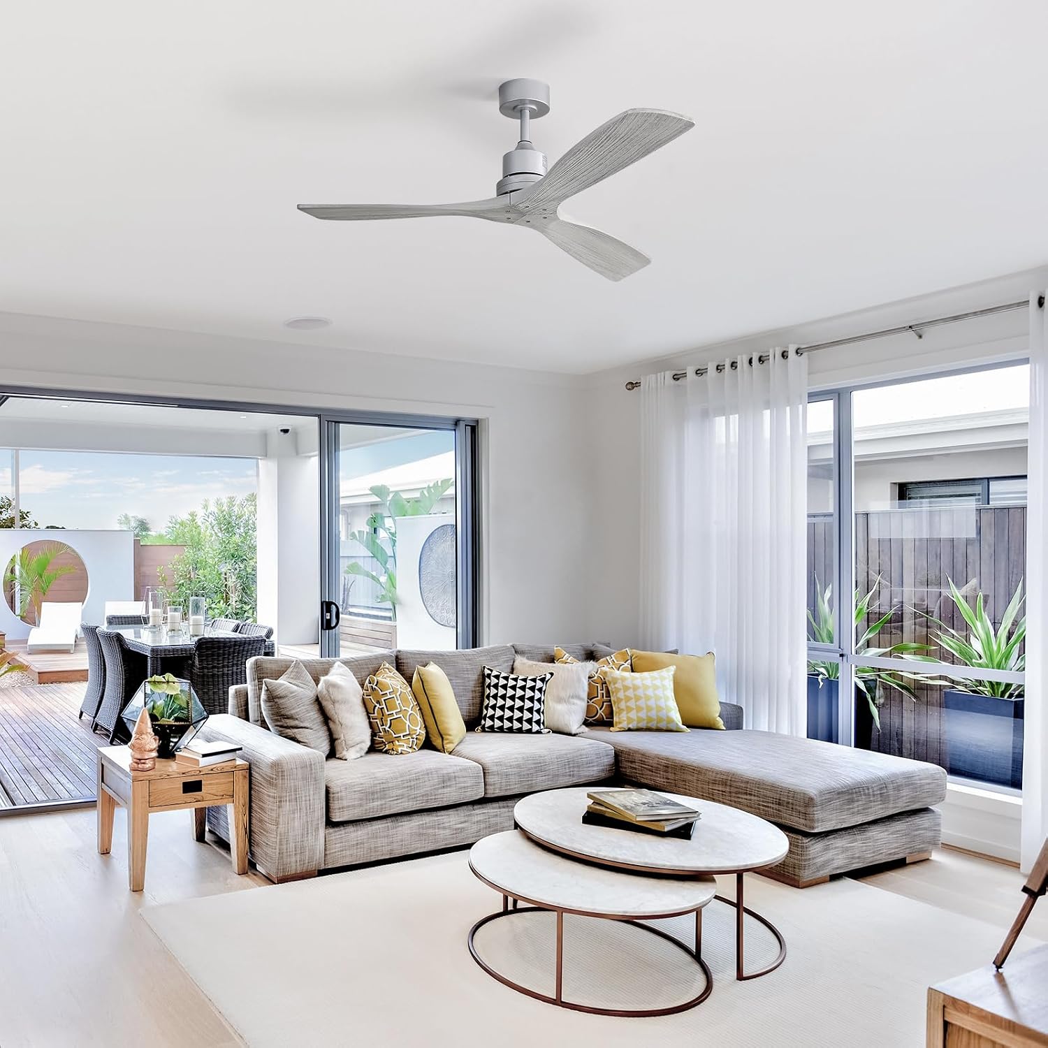 Sofucor 52 Inch Smart Ceiling Fans without Light-Modern Solid Wood Outdoor 3 Blades Ceiling Fan No Light APP Remotel Control for Bedroom Living Room Indoor Farmhouse Patio, Quiet DC Motor,Silver&Grey