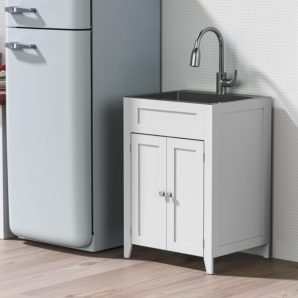 VINGLI 24-Inch Laundry Sink with Cabinet and Pull-Out Sprayer Faucet, Stainless Steel Utility Sink with Cabinet, White Cabinet with Sink for Laundry & Utility Room, Kitchen, Bathroom, Basement