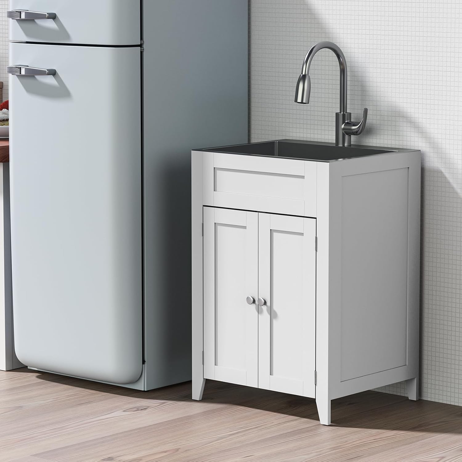 VINGLI 24-Inch Laundry Sink with Cabinet and Pull-Out Sprayer Faucet, Stainless Steel Utility Sink with Cabinet, White Cabinet with Sink for Laundry & Utility Room, Kitchen, Bathroom, Basement