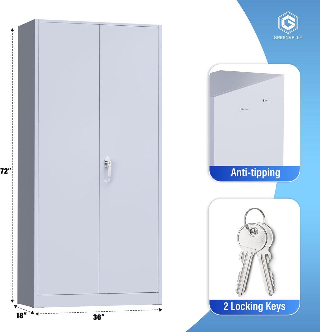 Greenvelly Metal Storage Cabinet with Doors and Shelves, 72' Inch Locking Metal Cabinet,Garage Storage Cabinet for Garage Office School Warehouse (Dark Gray)