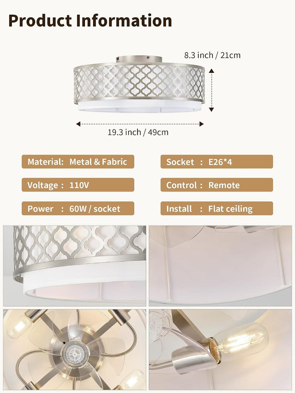 20' Silver Flush Mount Ceiling Fan with Light, Boho Ceiling Fans with Lights Low Profile, Enclosed with Remote Control 6 Speeds for Living Room, Bedroom, Nursery