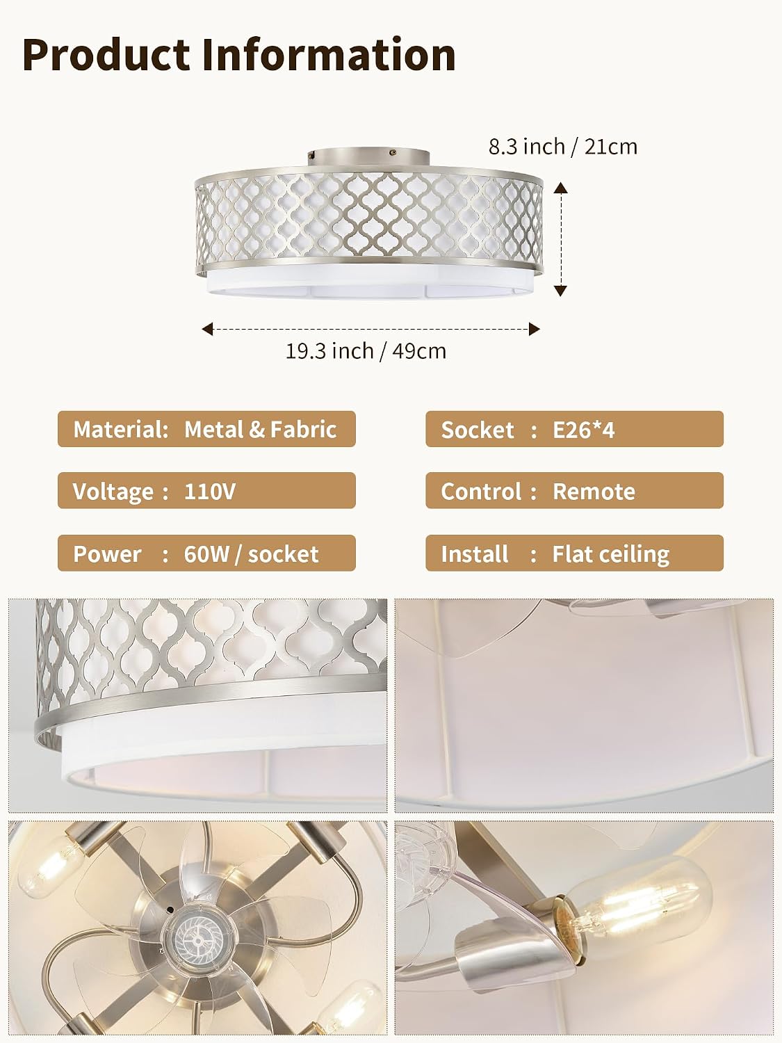 20' Silver Flush Mount Ceiling Fan with Light, Boho Ceiling Fans with Lights Low Profile, Enclosed with Remote Control 6 Speeds for Living Room, Bedroom, Nursery