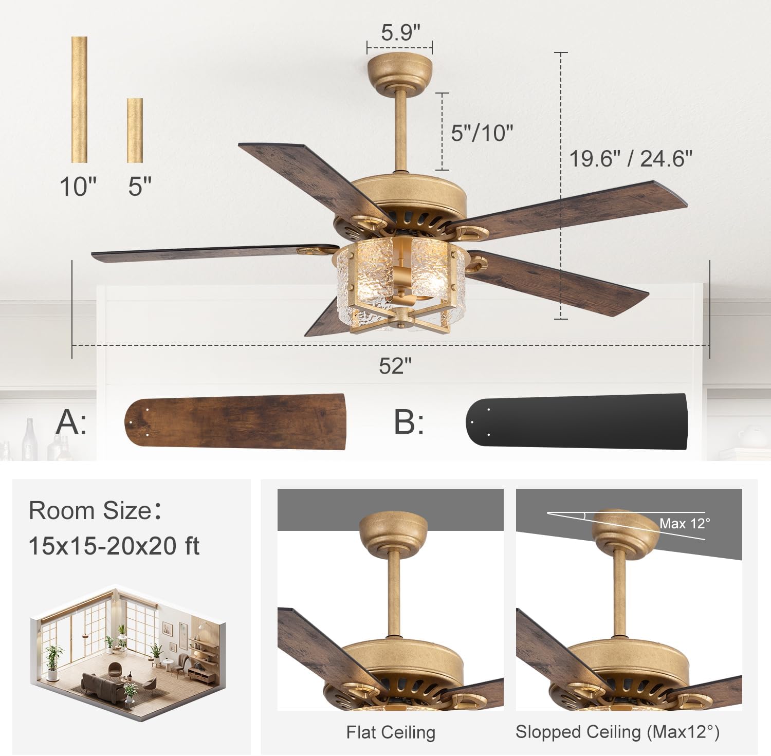 52 Inch Rustic Farmhouse Ceiling Fan with Light Kit & Remote, Ultra Quiet DC Motor, Reversible 5-Blade Design, Antique Light Fixture, Dual Downrod for Low/High Ceilings - Vintage Black Gold