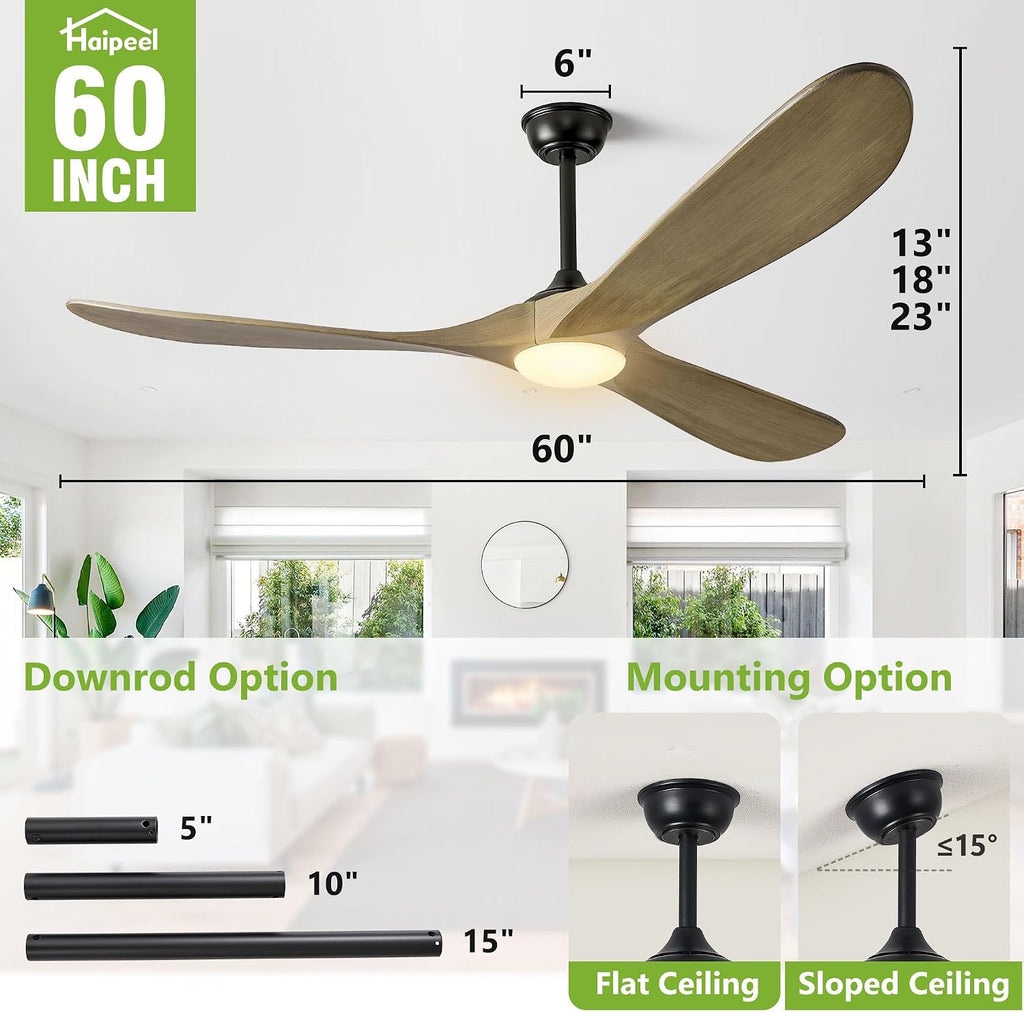 Haipeel 60 Inch Ceiling Fans with Lights, Propeller Solid Wood Ceiling Fans with Light and Remote Control for Outdoor Ceiling Fan with Light for Patio Farmhouse, DC ETL Listed, Bronze Gray