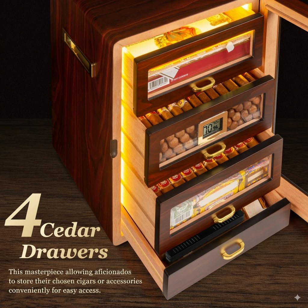Desktop Cigar Humidor Cabinet Triple-Sided Light with Digital Hygrometer, Humidifier and Humidity Packs. 4 Cedar Wood Drawers, Cigar Humidor Box can Hold 200 Cigars. Present for Men