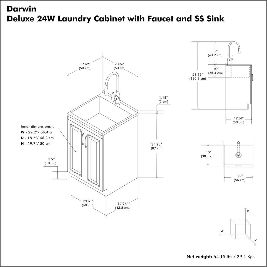 SIMPLIHOME Darwin All-in-One 24 inch Wide Utility Sink and Laundry Cabinet in Pure White Finish, Transitional Stainless Steel Sink Cabinet for Laundry Rooms with High-Arch Chrome Faucet and Storage