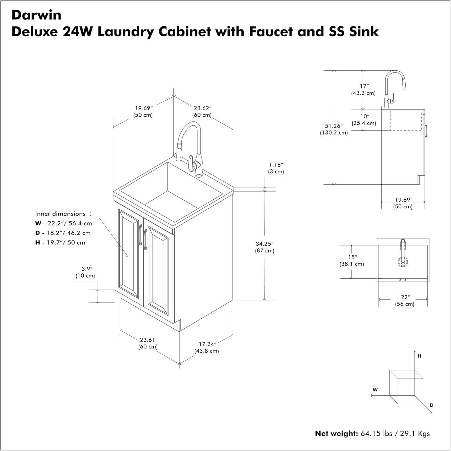 SIMPLIHOME Darwin All-in-One 24 inch Wide Utility Sink and Laundry Cabinet in Pure White Finish, Transitional Stainless Steel Sink Cabinet for Laundry Rooms with High-Arch Chrome Faucet and Storage