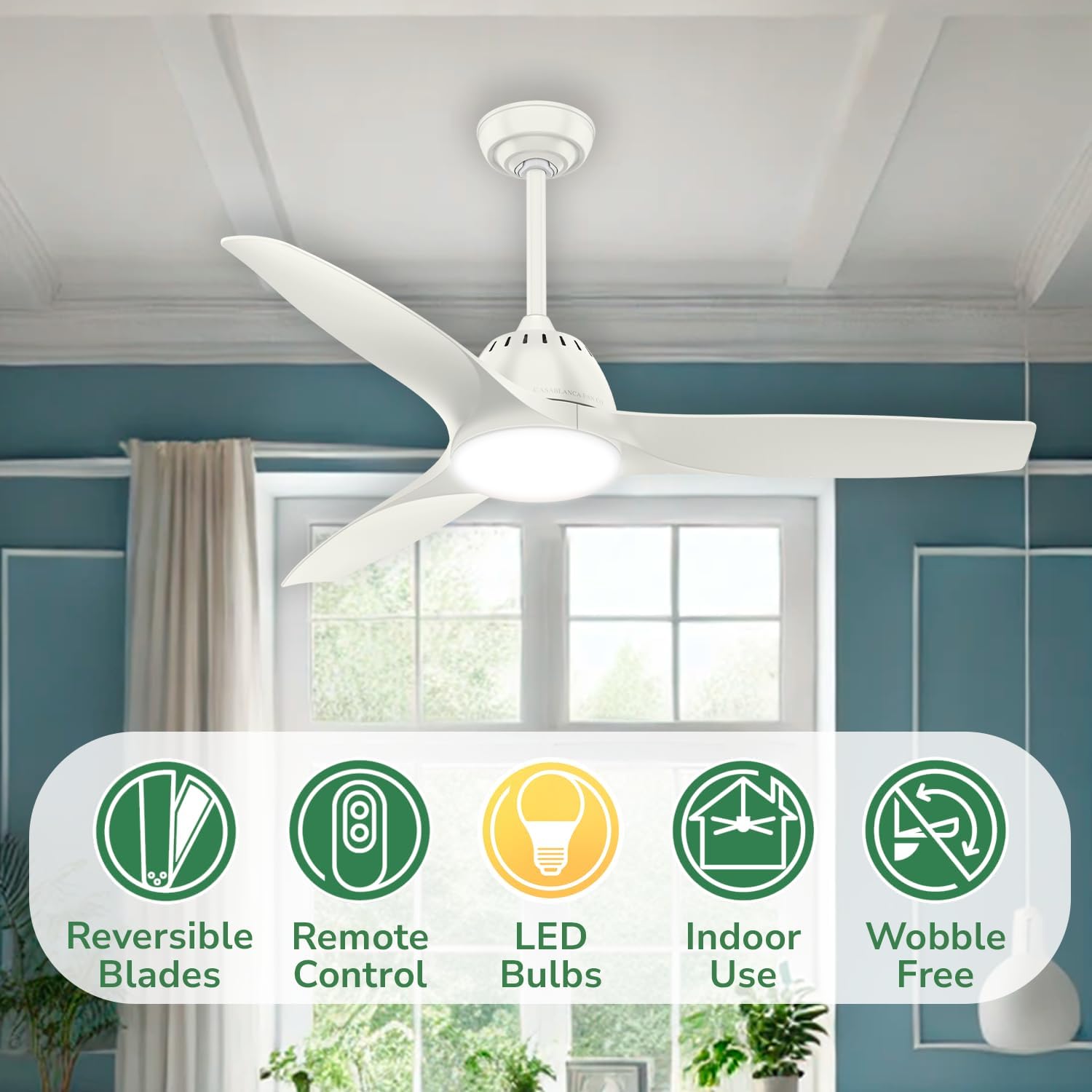 Casablanca 52 inch Indoor Ceiling Fan with LED Light and Remote Control - Standard Mount White Ceiling Fan, 3 Blades, For Bedroom, Living Room, or Kitchen, Quiet - Wisp 59284, Fresh White