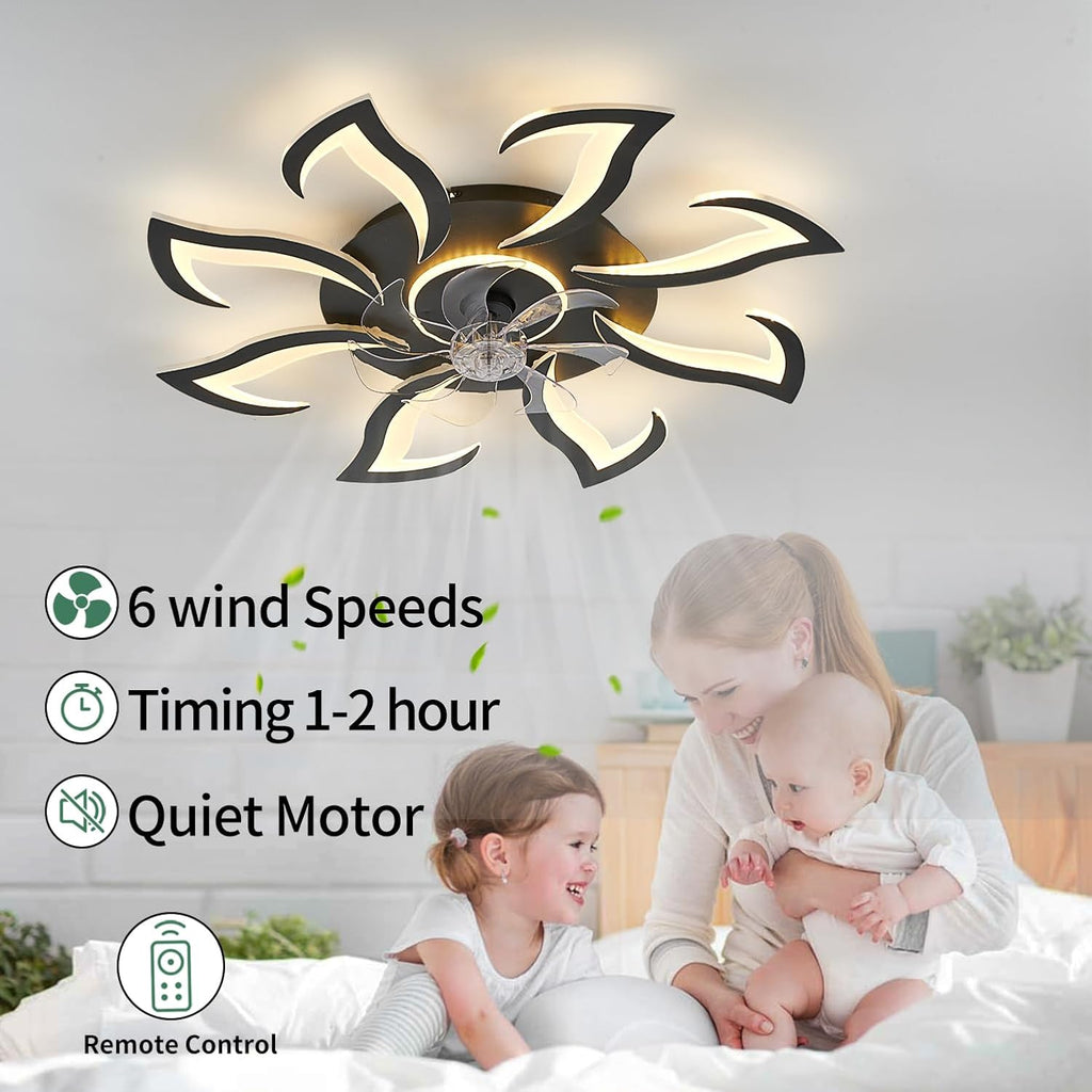 Modern Ceiling Fan with Lights, Black Flush Mount Ceiling Fan with Remote & APP Control, Dimmable LED Fan Light, 6 Speeds Low Profile Ceiling Fan for Bedroom Living Room