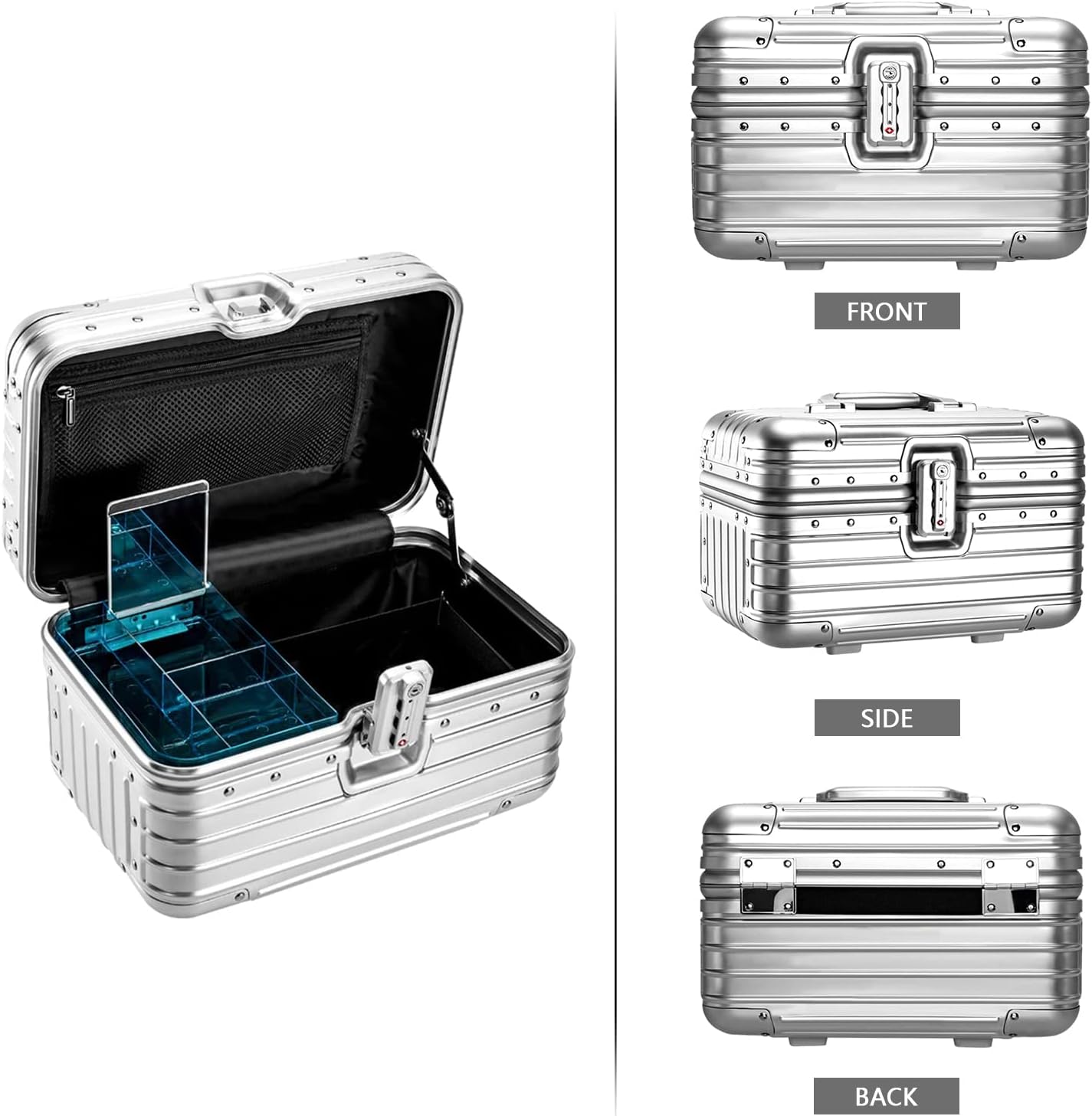 YUEMAI Hard Shell Cosmetic Case, Mini Aluminium Alloy Carrying Makeup Case Suitcase, Small Travel Hand Luggage With Elastic Band, For Make-Up Artist, Silver