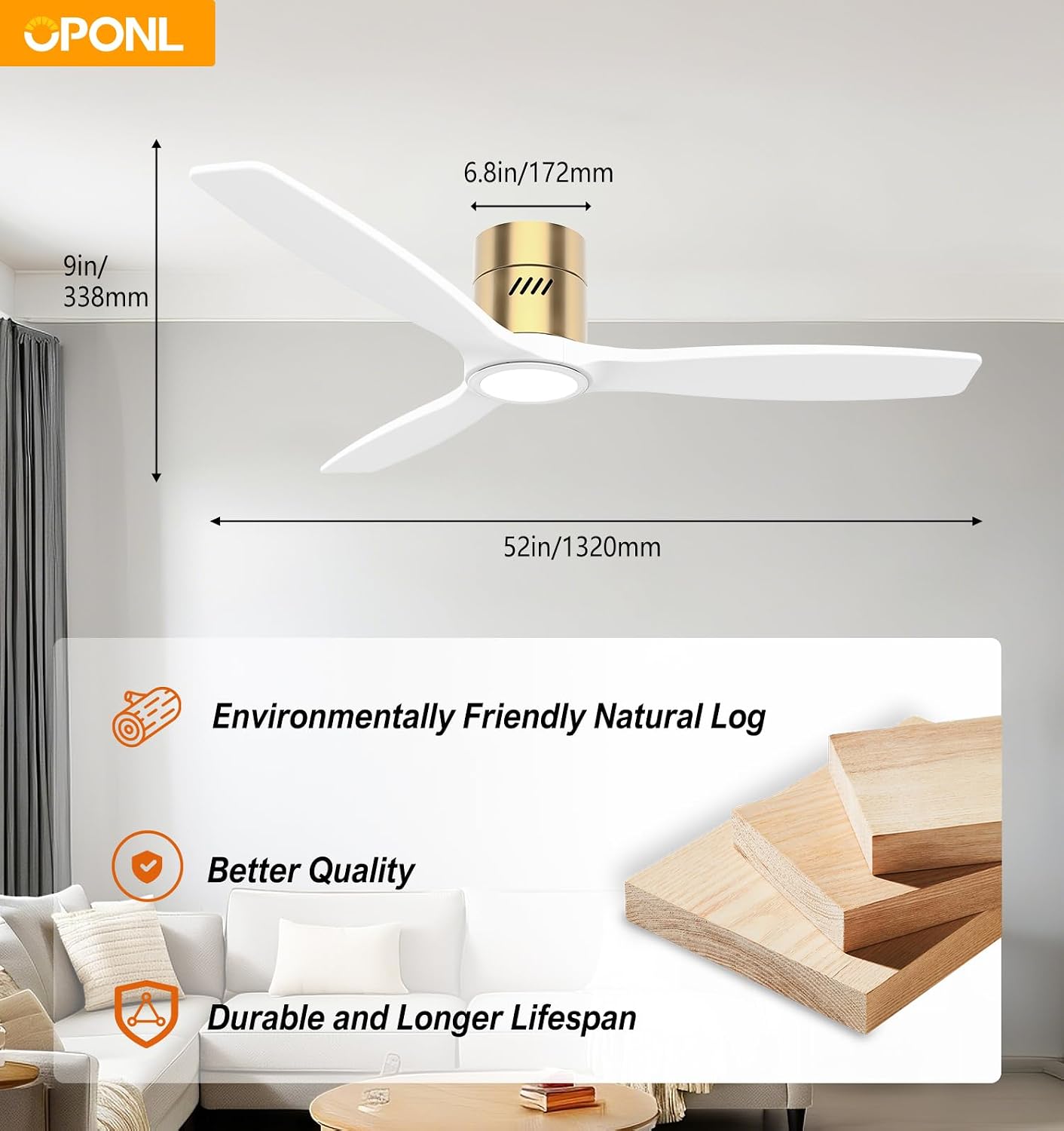 OPONL 52 Inch Natural Wood White Ceiling Fan with Light, Remote Control, Noiseless,Reversible, 6CCT, Dimmable, Timeable, Flush Mount Ceiling Fans with Lights for Bedroom,Indoor/Outdoor Use