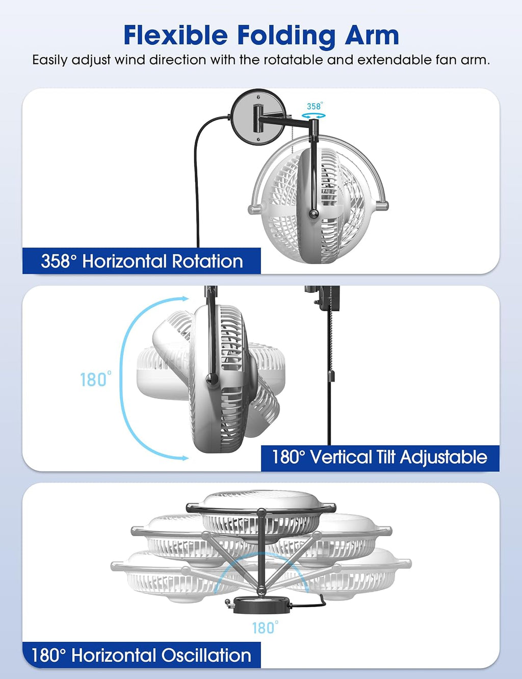 Wall Mount Fans with Pull Chain, 10 Inch Wall Fans Quiet Oscillating Wall-Mounted Fan, Adjustable Folding Arm, 2-Speed Plug-in Ceiling Fan for Bedroom, Living Room, Bathroom, Patio, Kitchen, White