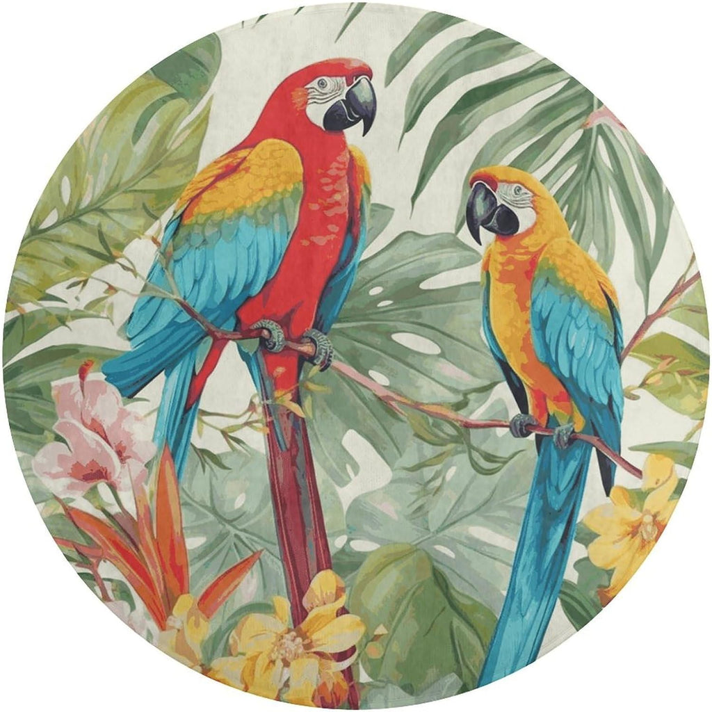 Tropical Plants and Parrots Coral Velvet Round Floor Mat Non-Slip Bath Rug Floor Covering for Bathroom Vanity Guest Suite & Vacation Home