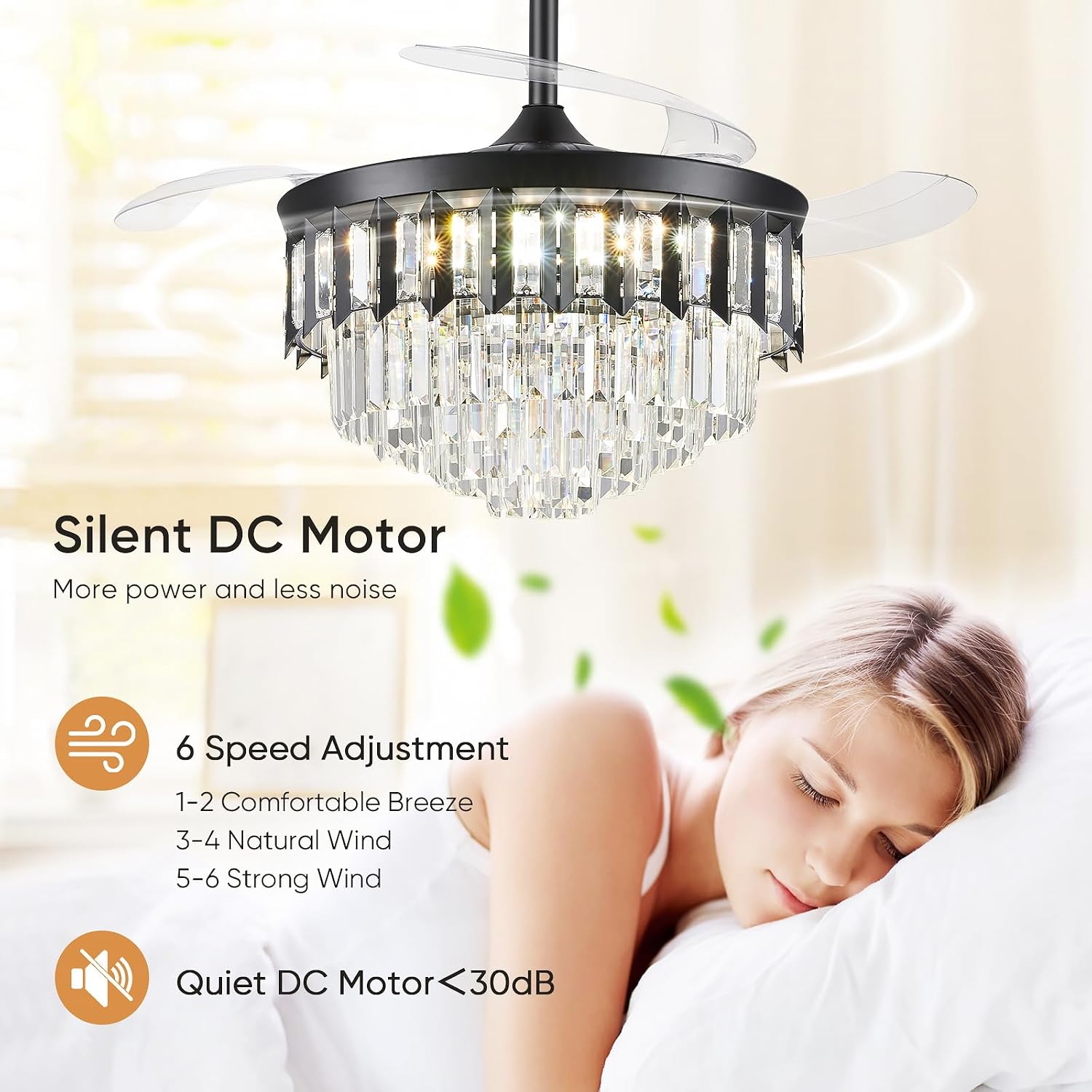 TXCSLY 42' Fandelier Ceiling Fan with Light, Crystal Chandelier Fan with Retractable Blades Dimmable Crystal Ceiling Fan Chandelier for Bedroom Living Room Dining Room-Black