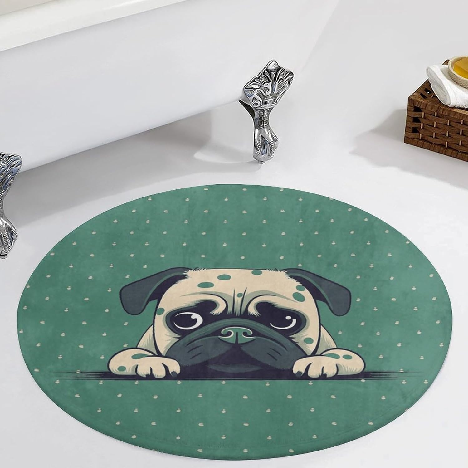 Pug Green Polka Dot Coral Velvet Round Floor Mat Non-Slip Bath Rug Floor Covering for Bathroom Vanity Guest Suite & Vacation Home