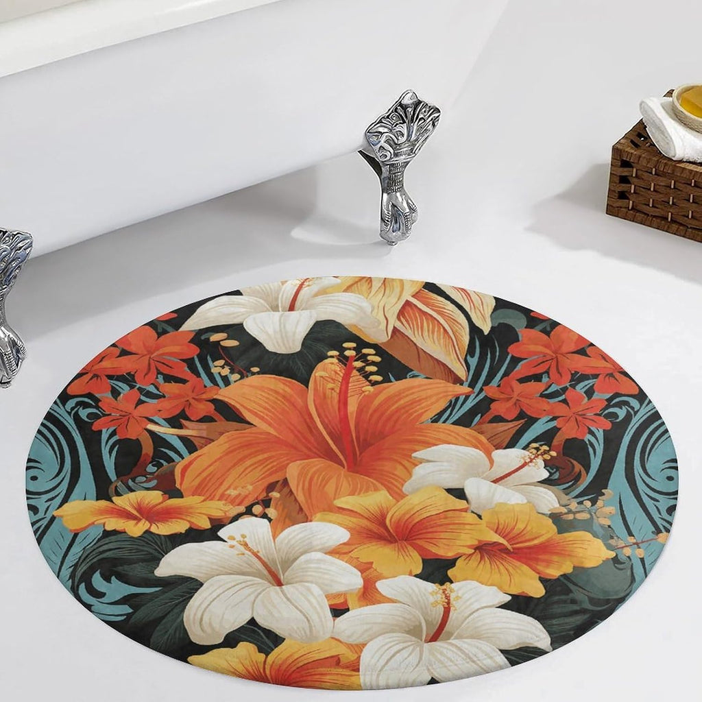 Flowers and Hawaiian Tribal Patterns on Black Background Coral Velvet Round Floor Mat Non-Slip Bath Rug Floor Covering for Bathroom Vanity Guest Suite & Vacation Home