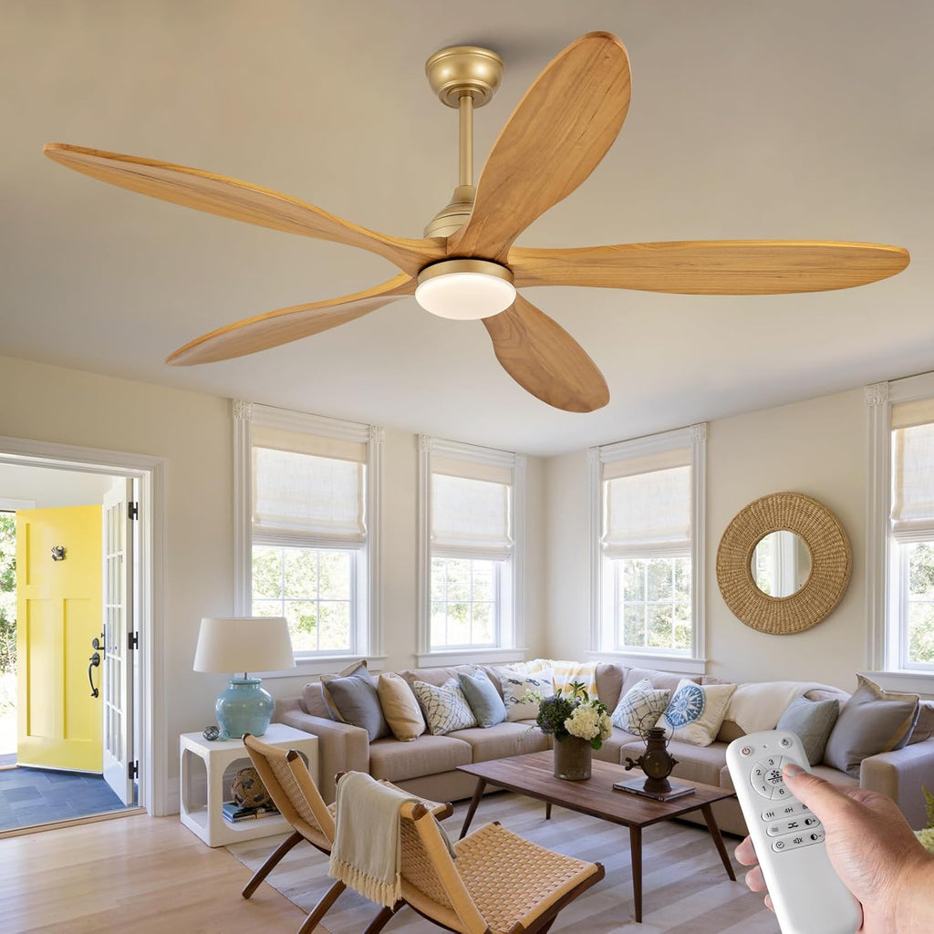 Dimmable 60 Inch Large Outdoor Ceiling Fan with Light and Remote, Wood Big Ceiling Fans with Lights and Remote Gold 5 Blade Outdoor Ceiling Fans for Patios Bedroom Living Room, 6 Speed DC Motor