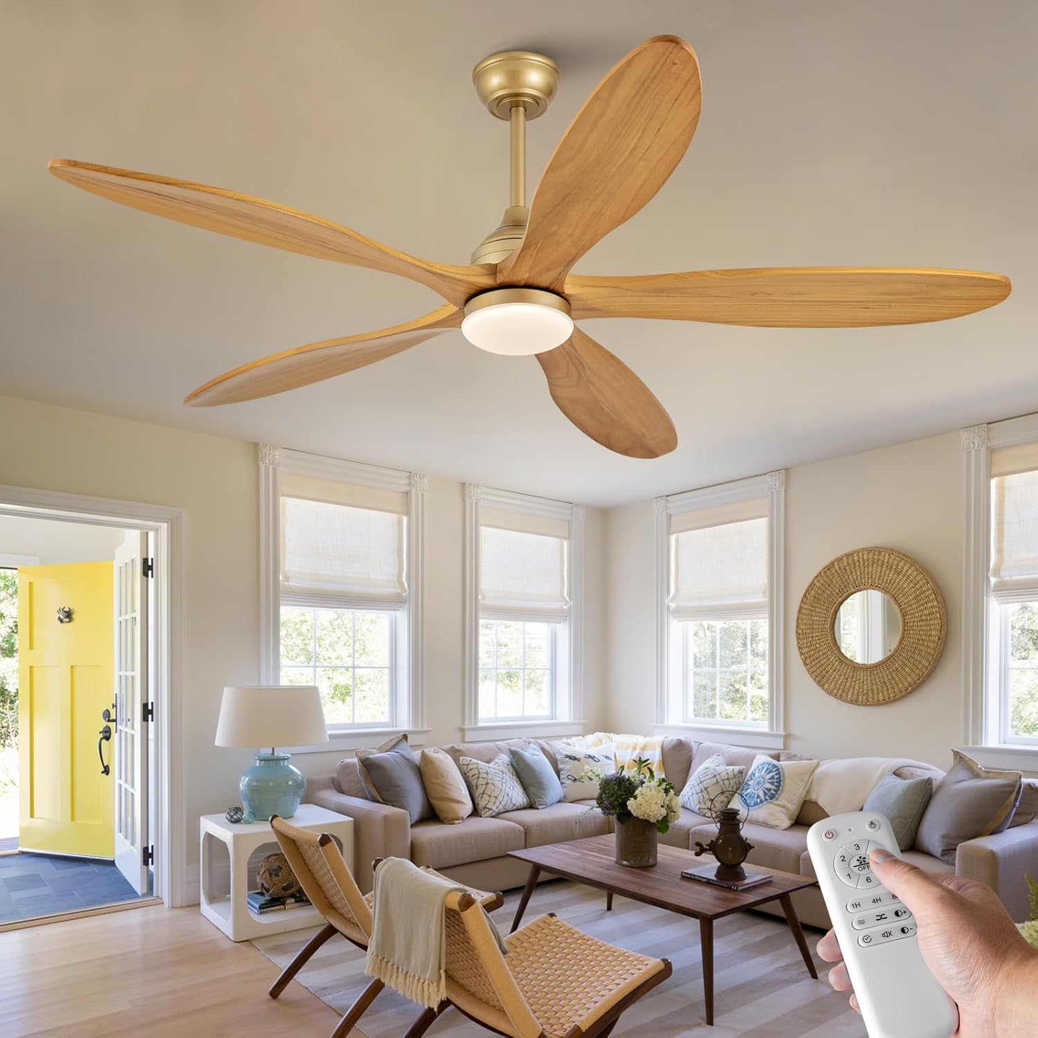 Dimmable 60 Inch Large Outdoor Ceiling Fan with Light and Remote, Wood Big Ceiling Fans with Lights and Remote Gold 5 Blade Outdoor Ceiling Fans for Patios Bedroom Living Room, 6 Speed DC Motor