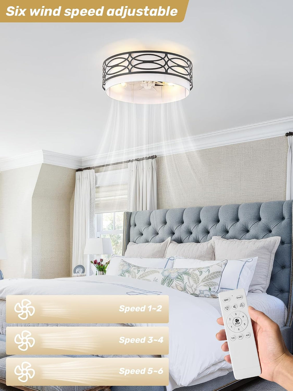 20' Black Flush Mount Ceiling Fan with Light, Caged Boho Ceiling Fan with Lights Remote Control with 6 Speeds for Bedroom, Living Room, Nursery