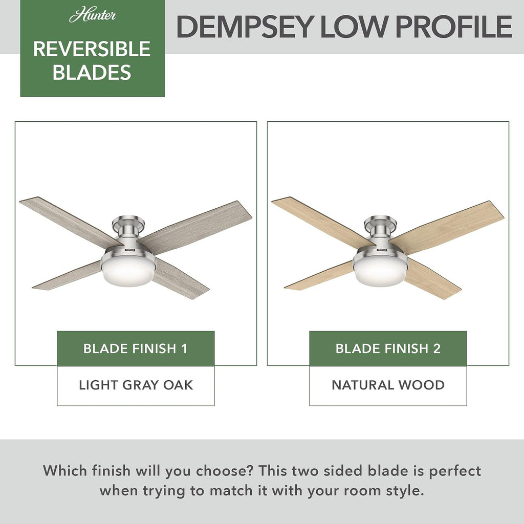 Hunter 52 inch Indoor Ceiling Fan with LED Light and Remote Control- Modern Ceiling Fan, Low Profile Mount, 4 Light Gray Oak Blades, For Bedroom, Living Room, or Kitchen- Dempsey 50283, Brushed Nickel
