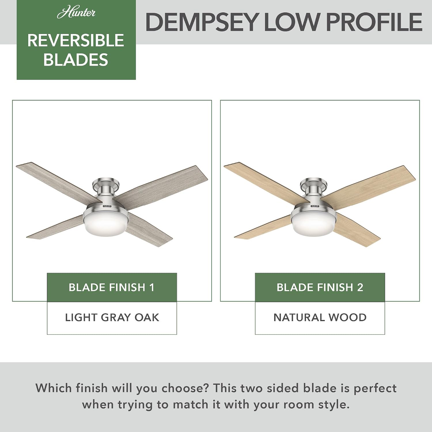 Hunter 52 inch Indoor Ceiling Fan with LED Light and Remote Control- Modern Ceiling Fan, Low Profile Mount, 4 Light Gray Oak Blades, For Bedroom, Living Room, or Kitchen- Dempsey 50283, Brushed Nickel