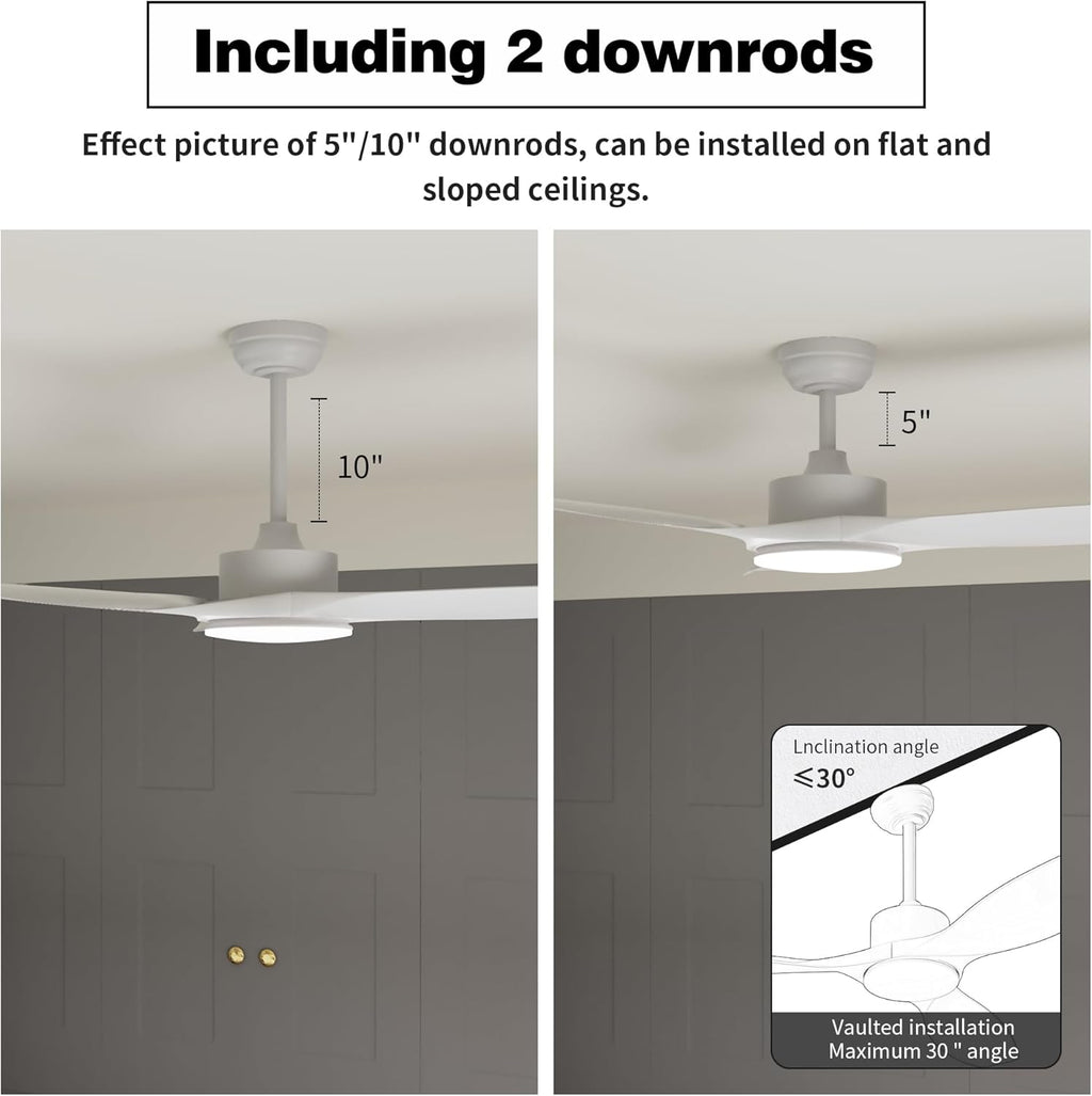 52 Inch Ceiling Fans with Lights Remote Control,White Sloped Mount Ceiling Fan 22W Dimmable LED Light,3 Reversible Blades,DC Motor 6 Speed Ceiling Fan for Bedroom Living Room Home Office