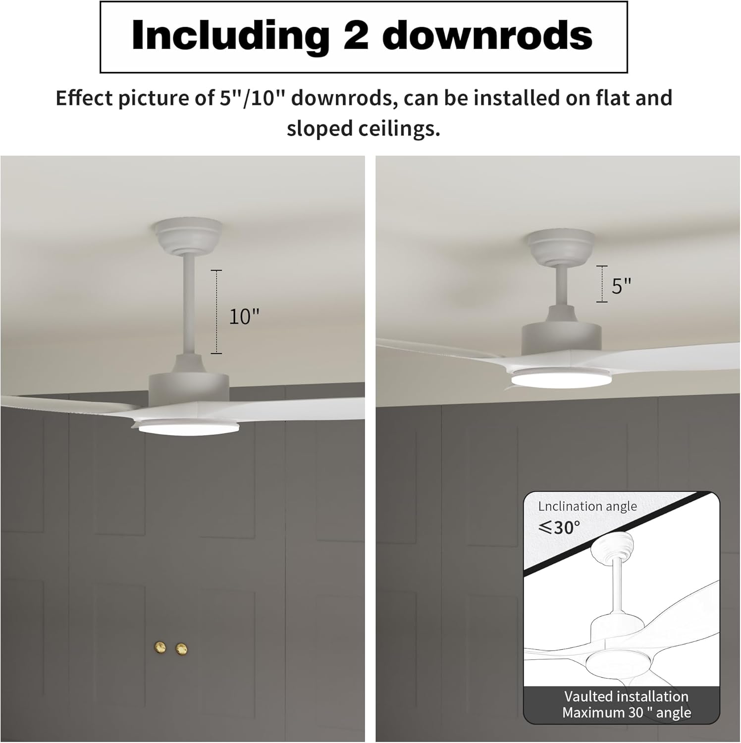52 Inch Ceiling Fans with Lights Remote Control,White Sloped Mount Ceiling Fan 22W Dimmable LED Light,3 Reversible Blades,DC Motor 6 Speed Ceiling Fan for Bedroom Living Room Home Office