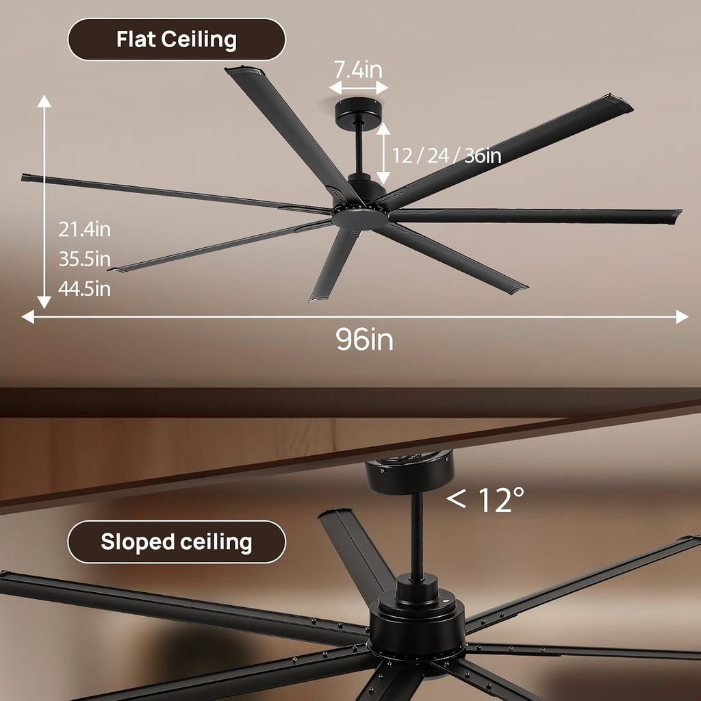 Minislak 96 Inch HVLS Aluminum 7 Blades Industrial & Commercial Ceiling Fan no Light,8ft High CFM DC Motor,6-Speed,Indoor Outdoor Ceiling Fan for Patio,Garage,Shop,Library(Black)