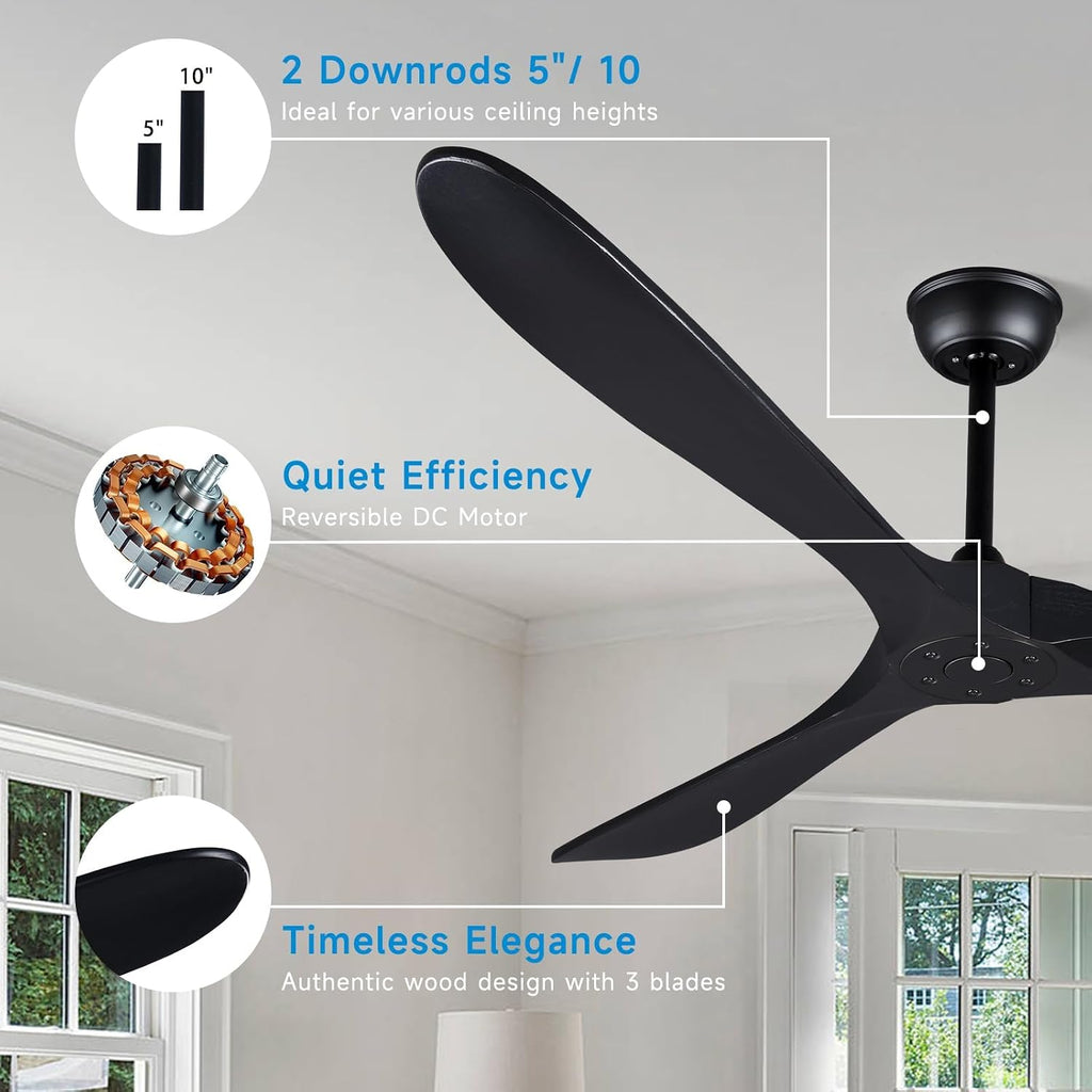 Bigzone 70' Black Ceiling Fan Without Light, 3 Solid Wood Blades, Outdoor Ceiling Fan with Remote, Reversible Motor
