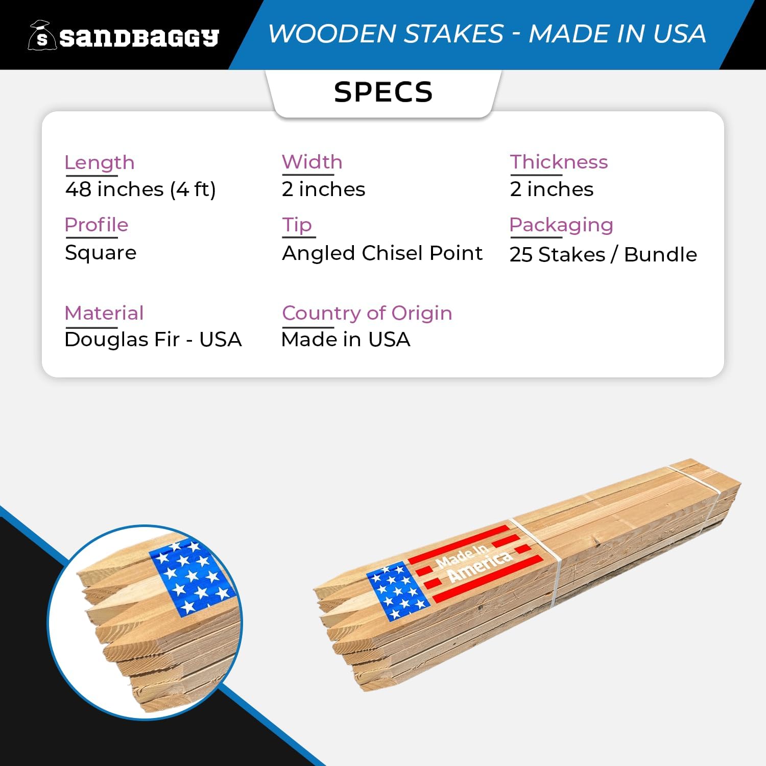 Sandbaggy 48' Wooden Grading Stakes - Made in The USA - 2' Thick Heavy Duty for Construction, Gardening, Surveying, Concrete Forms - Douglas Fir Wood (750 Stakes - 1 Pallet, 2' x 2' x 48')