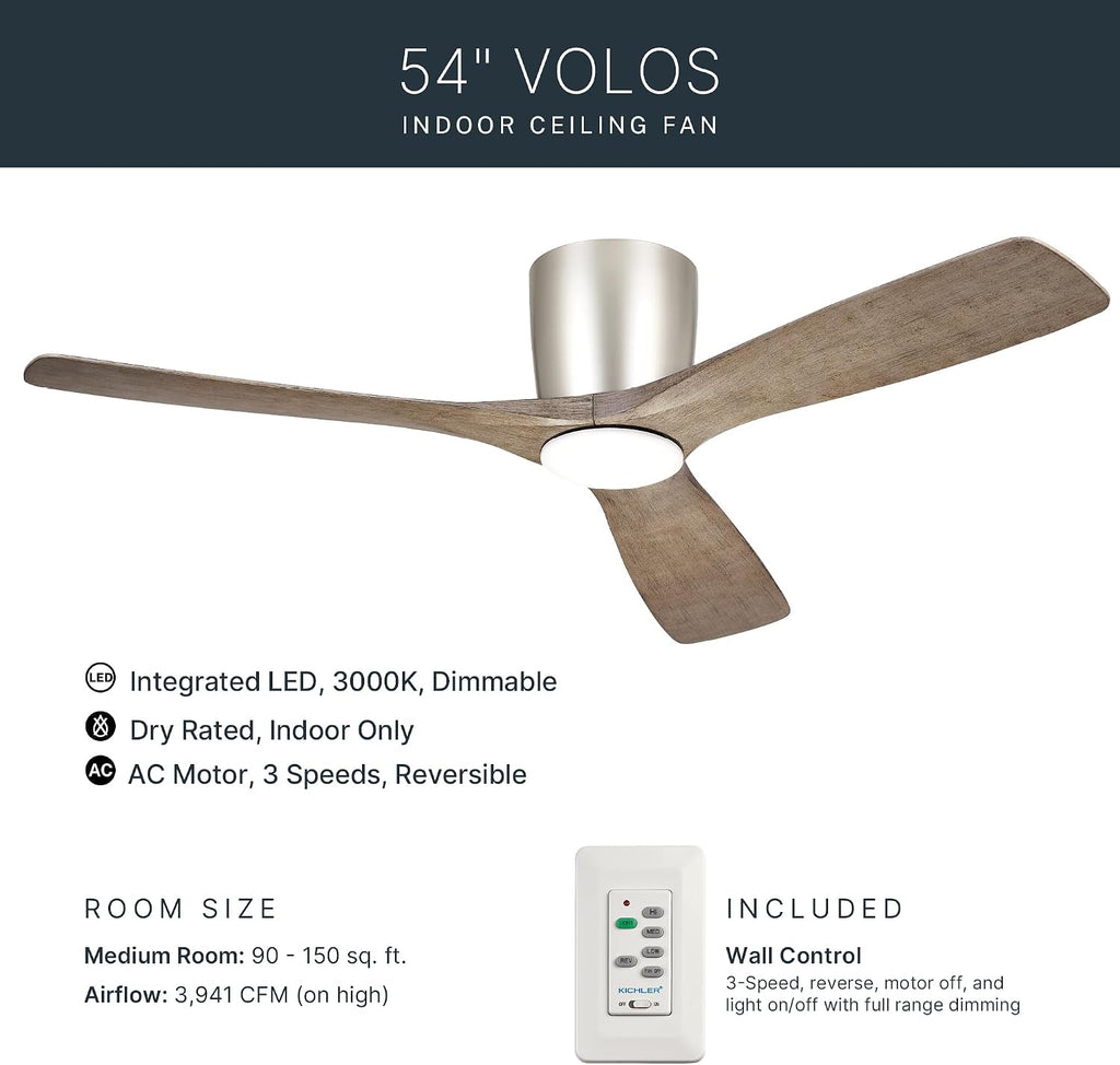 Kichler Volos 54 in Modern Ceiling Fan with LED Light, Brushed Nickel Indoor Fan with Wall Control and Frosted White Lens for Bedroom and Living Room, 300154NI