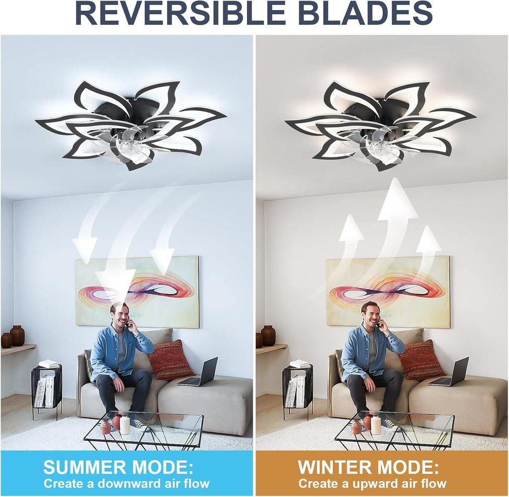 32' Black Flower Ceiling Fan with Lights Remote Control, Modern LED Low Profile Flush Mount Ceiling Fan with Light for Kitchen Bedroom Living Room